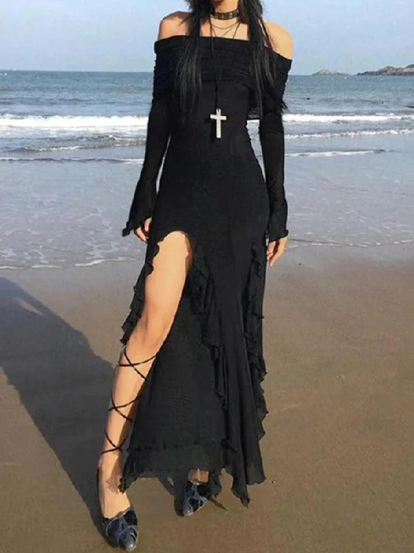 Don't Wait Off Shoulder Ruffle High Slit Maxi Dress