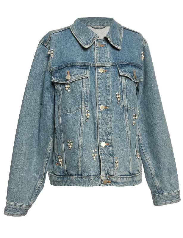Time-Limited Offer Light Wash Beaded Pearl Denim Jacket - M
