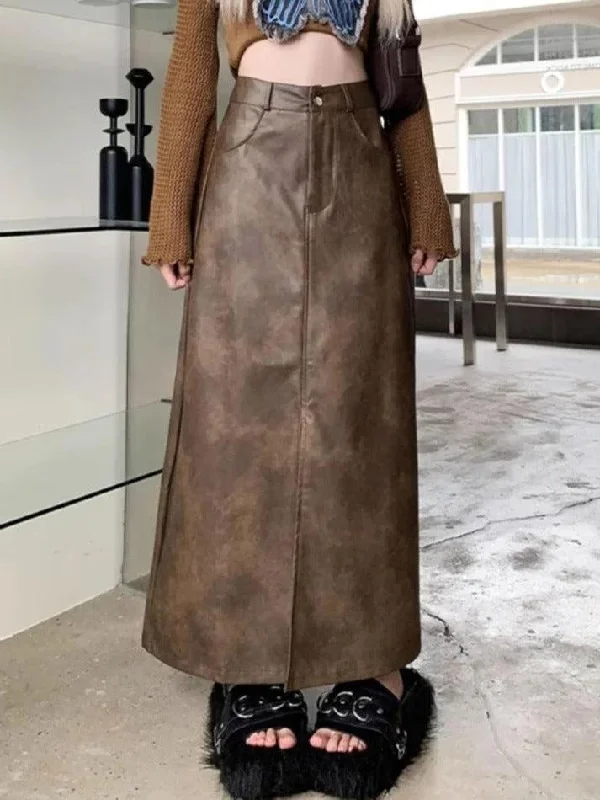 Discount Deals Vintage Brown High Rise Split PU Leather Midi Skirt