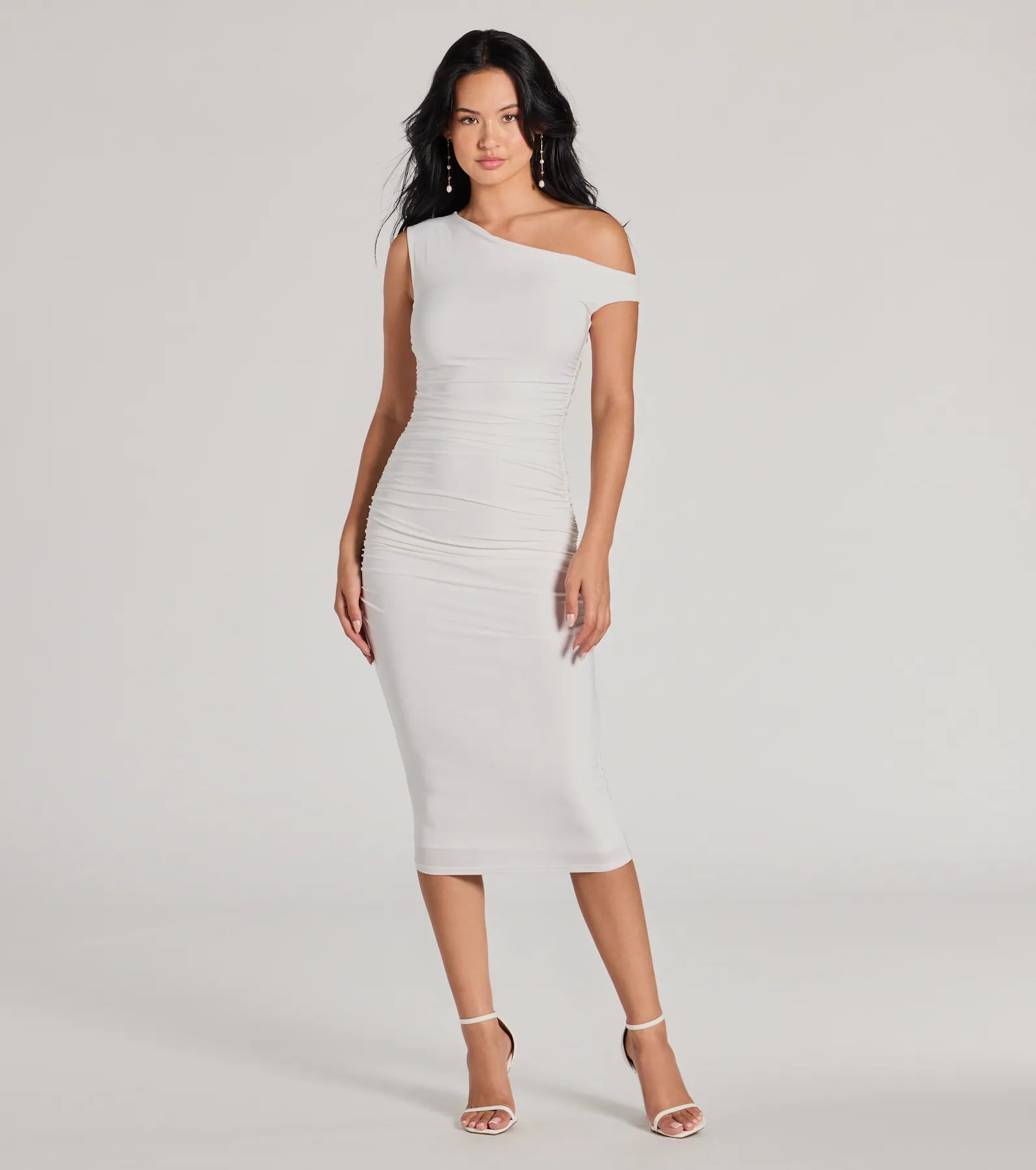 Special Price Easily Sultry Off-Shoulder Ruched Midi Dress