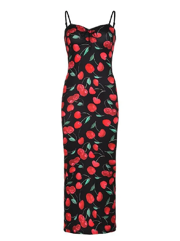 Special Promotion Red Cherry Print Stretch Calf-length Corset Dress