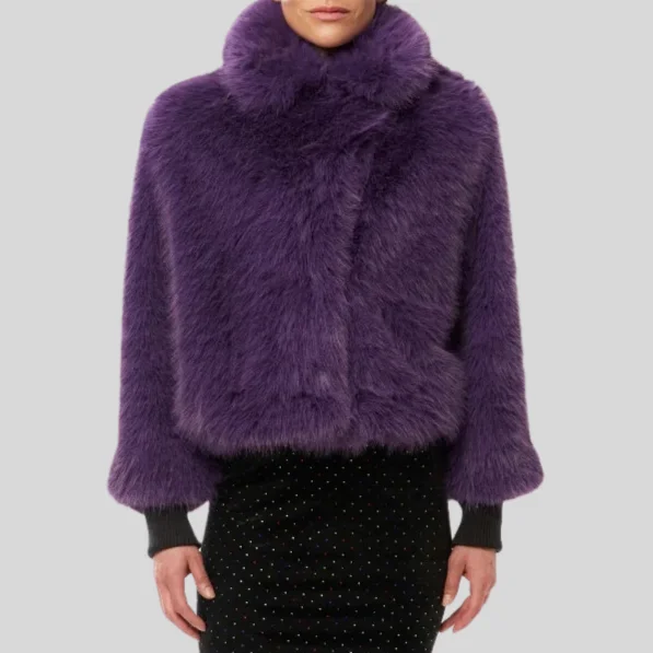 Big Savings Faux Fur Peak Lapel Crop Jacket - Grape