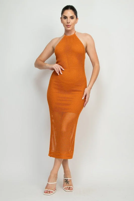 Today Only Halter Style Glam Midi Dress in Rusty Gold