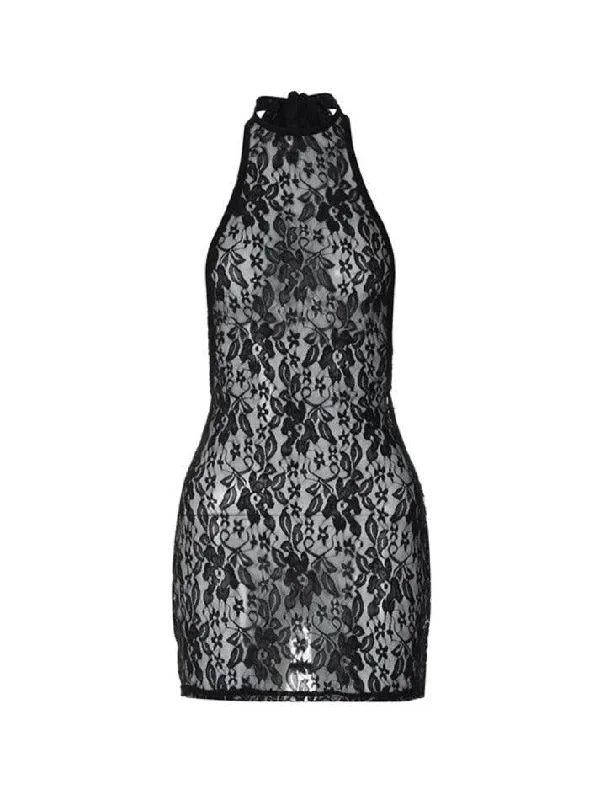 Limited Quantity Lace Halter Backless Tie Back Mini Dress