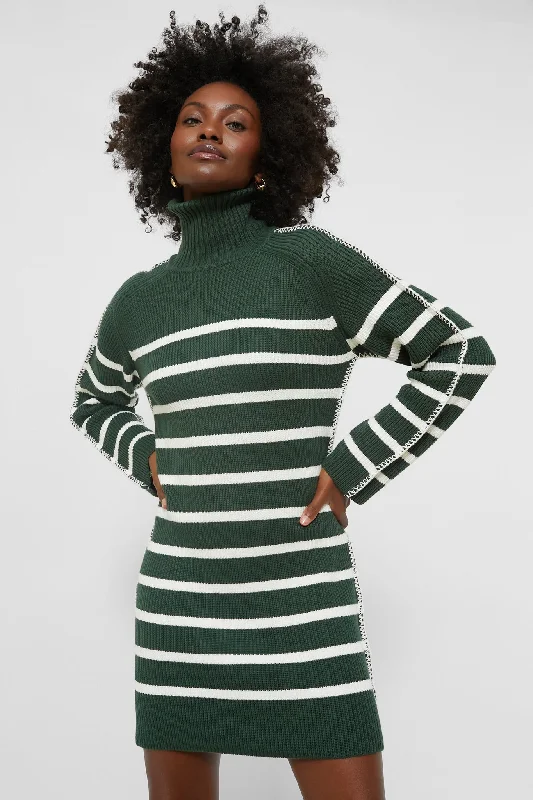 Factory Direct Sale Pine Green & White Striped Emsley Mini Sweater Dress