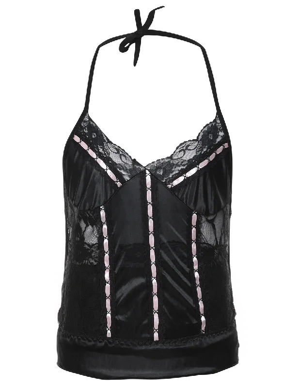 Huge Discounts Black & Pale Pink Lace Trim Halterneck Cami Top - XS