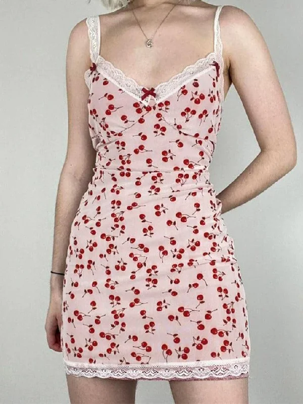 Major Savings Cherry Print Lace Splice V Neck Mini Dress