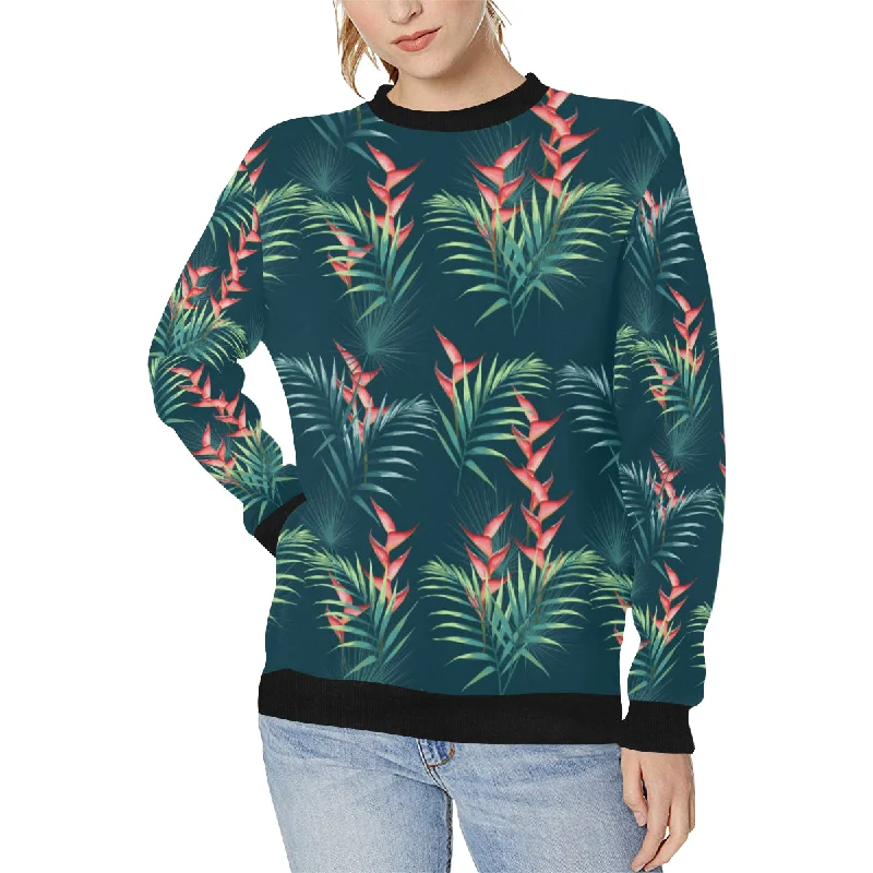 Act Fast heliconia flowers, palm and monstera leaves on bla Women's Crew Neck Sweatshirt
