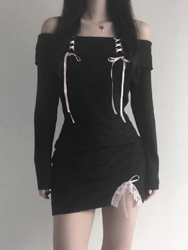 Bargain Bin Contrast Tie Up Bow Off Shoulder Slit Knit Mini Dress