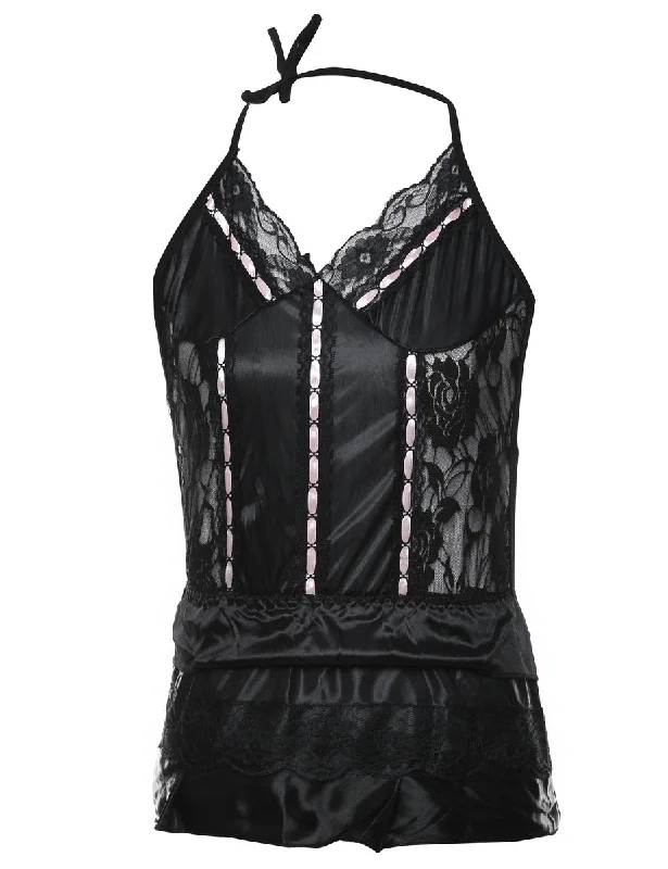 Epic Deals Black & Pale Pink Lace Halterneck 1990s Slip - XS