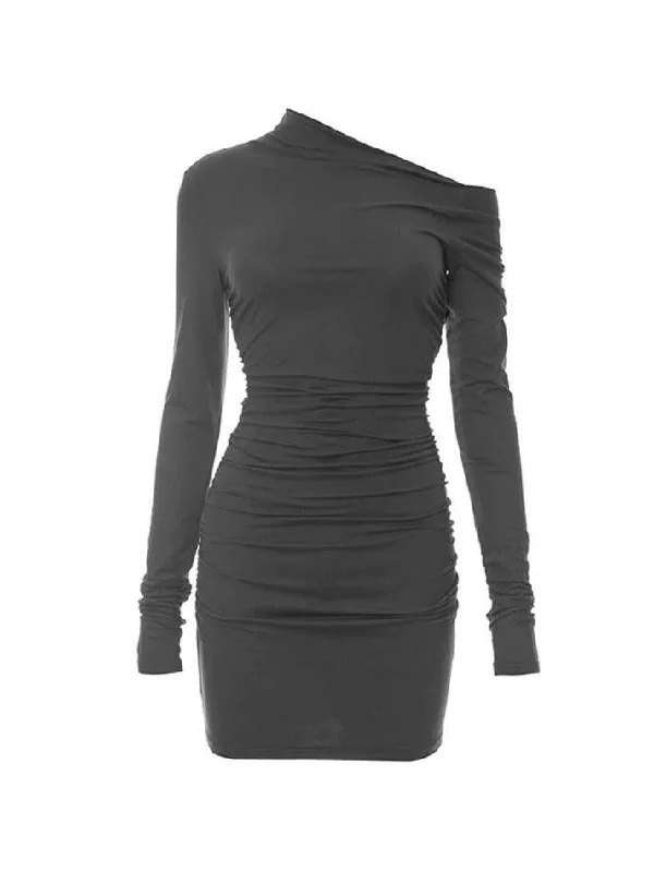 Hurry In Solid One Shoulder Ruched Long Sleeve Mini Dress
