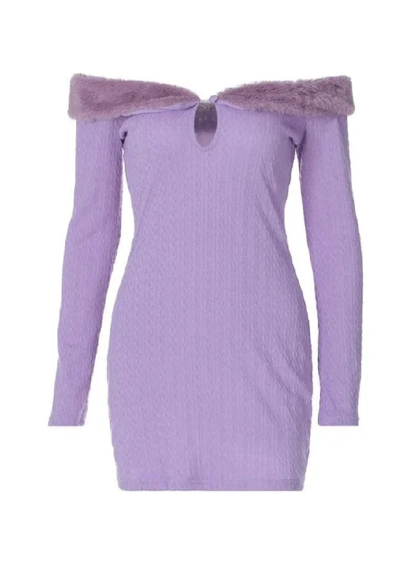 YEAR-End Sale Fuzzy Collar Off Shoulder Mini Dress