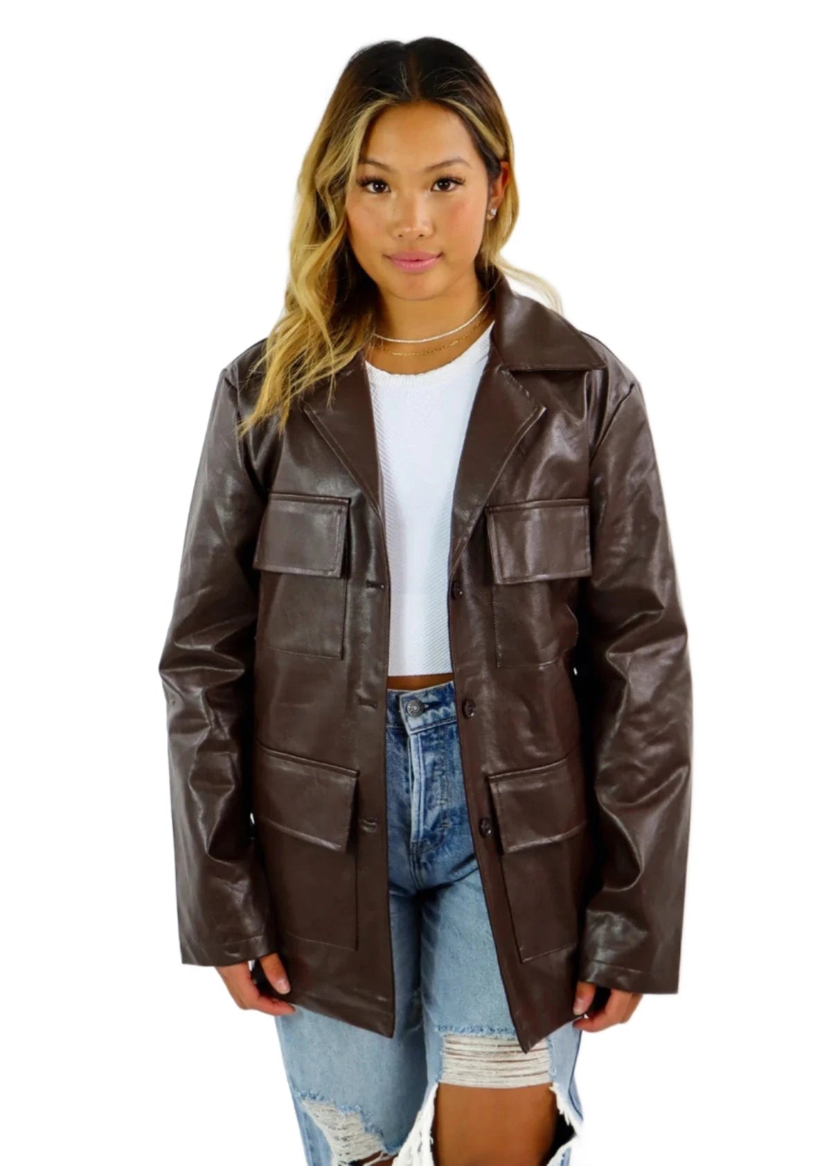 Super Bargain Rock N Rags - "Last To Leave" Jacket - Chocolate Brown - Faux Leather with Belt