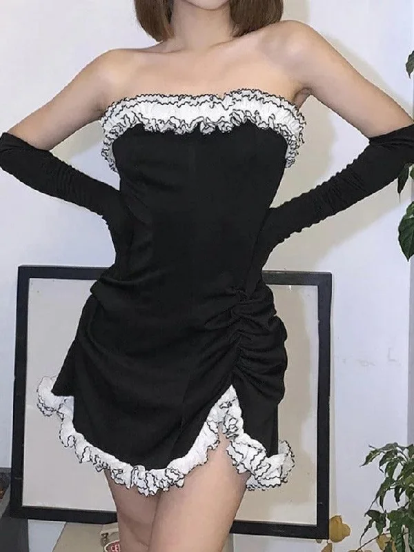 Huge Discounts Gloves Detail Strapless Black Mini Dress