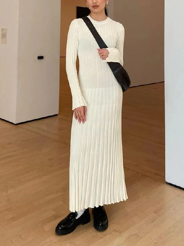 Incredible Offers Solid Color Wide Ribbed Design Slim Knit Maxi Dress
