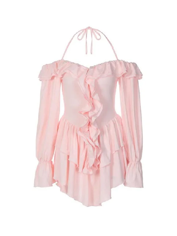Price Meltdown Solid Halter Ruffled Trim Mini Dress