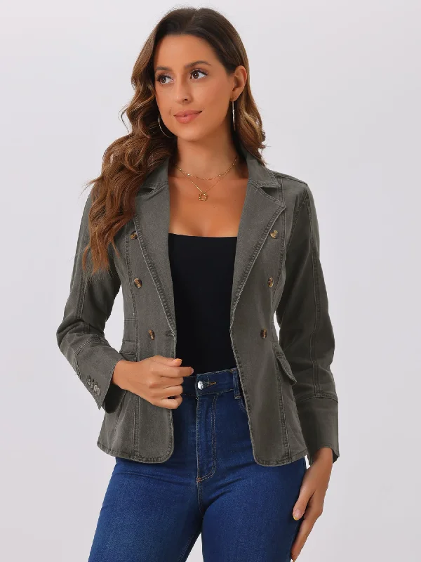 The Best Prices Notched Lapel Long Sleeve Pockets Denim Blazer Jean Jacket