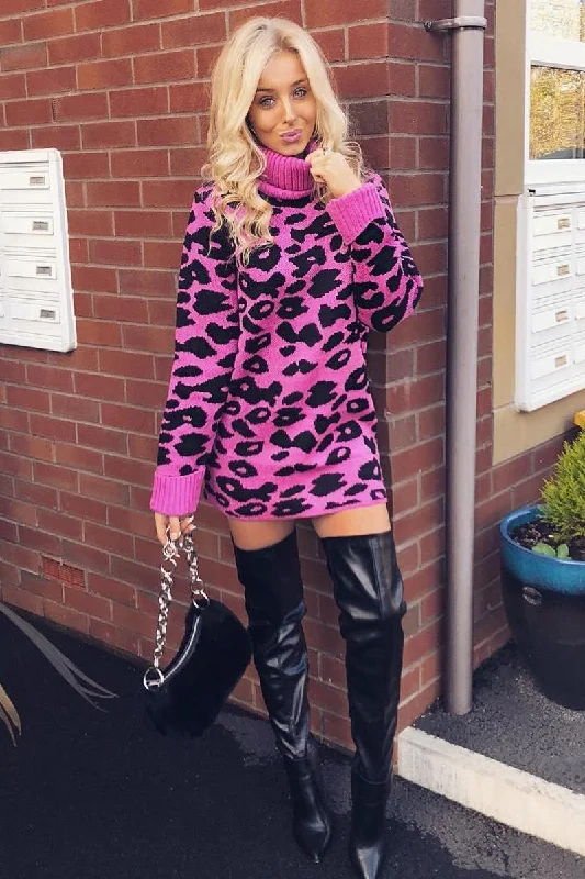Discount Deals Fuchsia Leopard Roll Neck Jumper - Deona