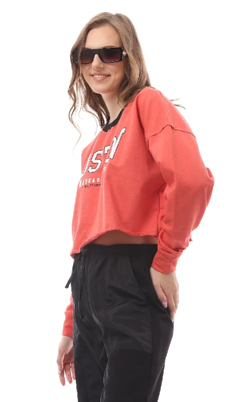 Year-End Clearance O172873 Round Neck Printed "Boston" Watermelon Red Sweatshirt