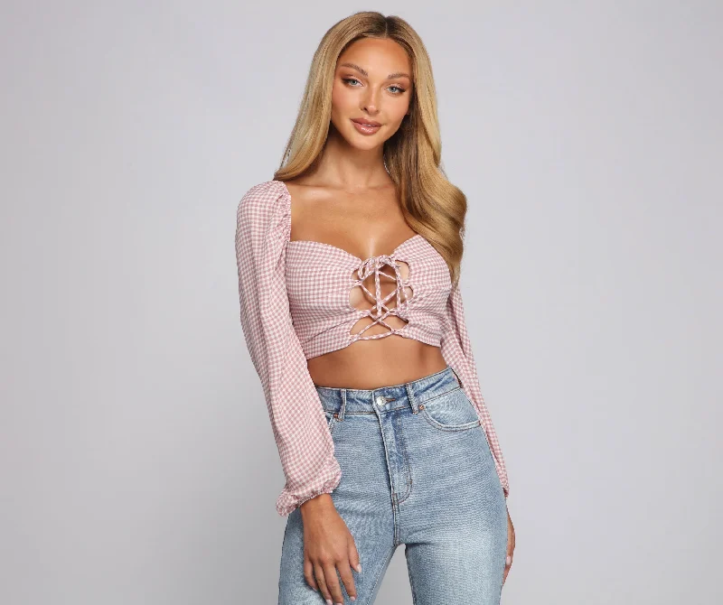 Epic Deals Lace-Up Gingham Crop Top
