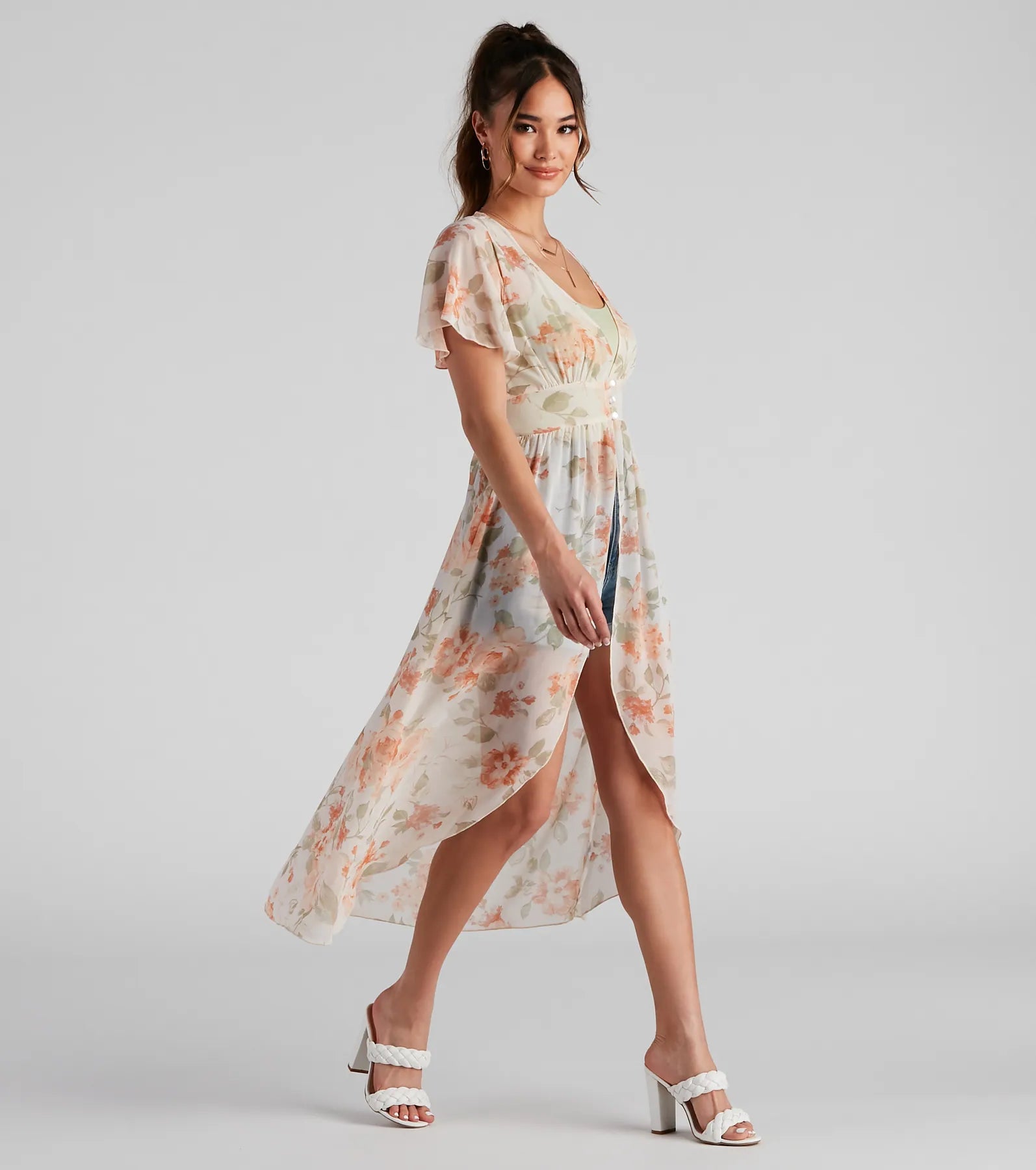 Extra Discounts Breezy Flutter Sleeve Floral Duster