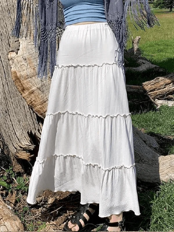 Online Only Solid Color Tiered Midi Skirt