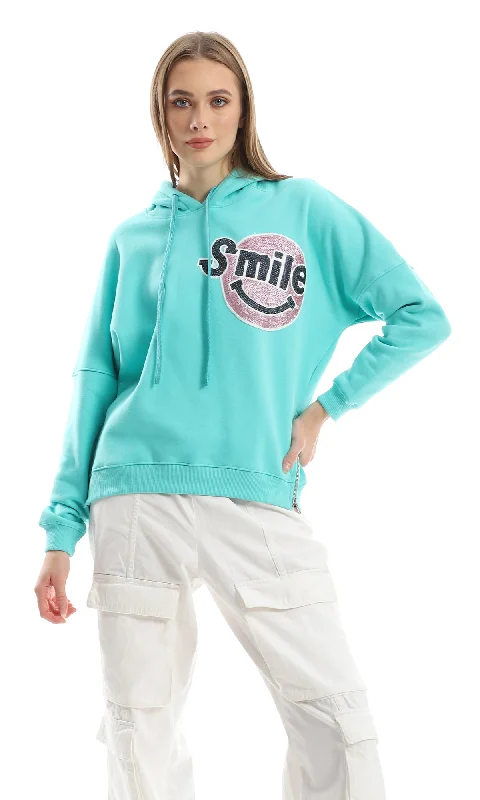 Early Access O155692 Turquoise Fleece Hoodie With Chest Patched Sequins