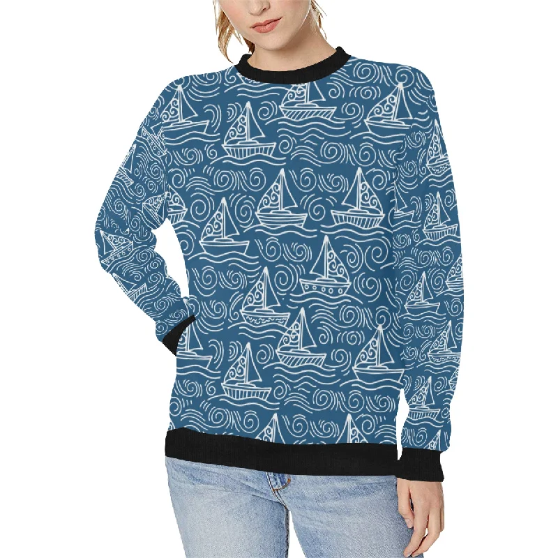 Fantastic Offers Hand drawn sailboat pattern Women's Crew Neck Sweatshirt