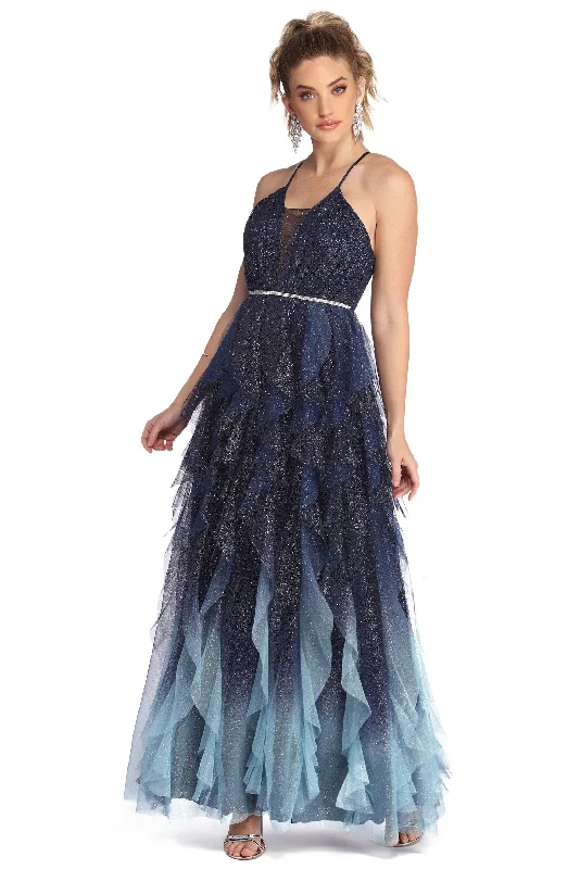 Act Now Griselda Glitter Mesh Tendril Gown