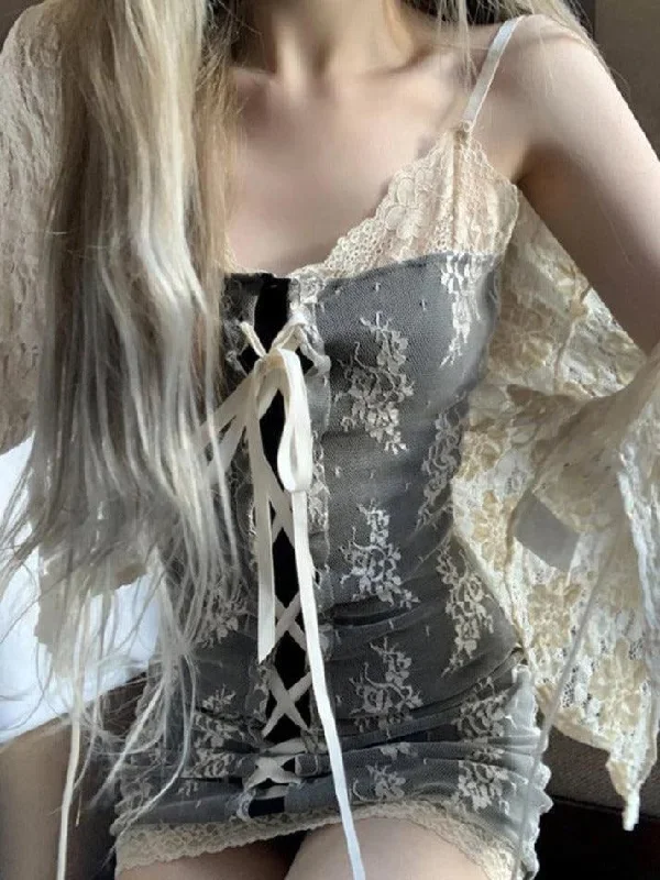 Huge Discounts Lace Trimming Color Matching Cross Tie V Neck Slip Mini Dresses