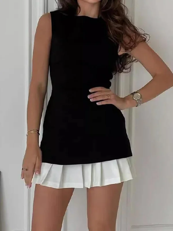 Unmissable Offer Two-Tone Sleeveless Pleated Short Dress