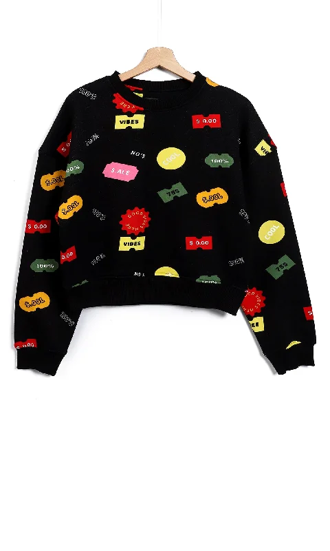 Fantastic Offers O154500 "Good Vibes" Printed Cropped Black Long Sleeves Sweatshirt