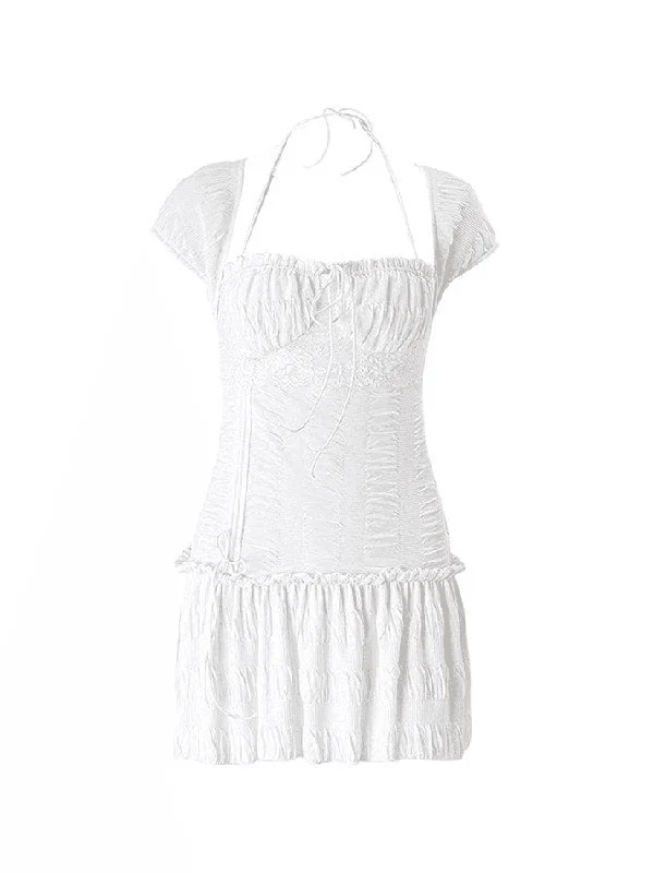 Stock Clearance Lace-Up Ruffle Halter Mini Dress