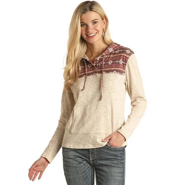 Discount Extravaganza Panhandle® Ladies Beige Aztec Print Sweater Knit Hoodie L8H2074
