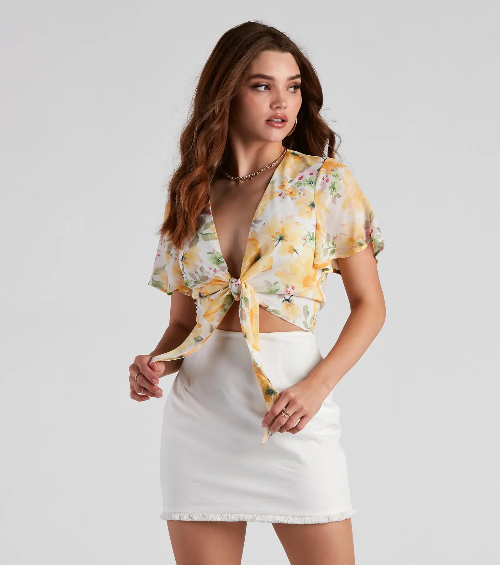 Final Clearance Floral Chiffon Tie-Front Top