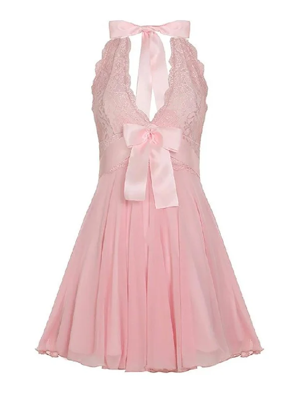 Instant Discount Lace Deep V-Neck Bow Halter A-Line Mesh Dress