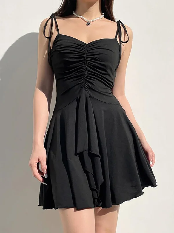 Overstock Tie Shoulder Plain Ruched Mini A-Line Dress
