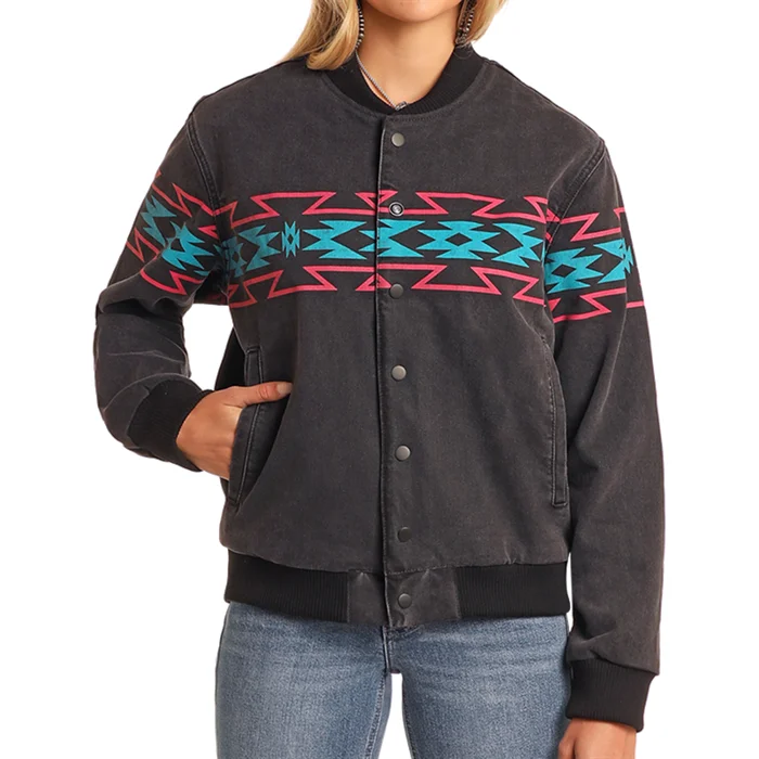 Price Cut Panhandle Ladies Border Print Black Bomber Jacket BW92D05347