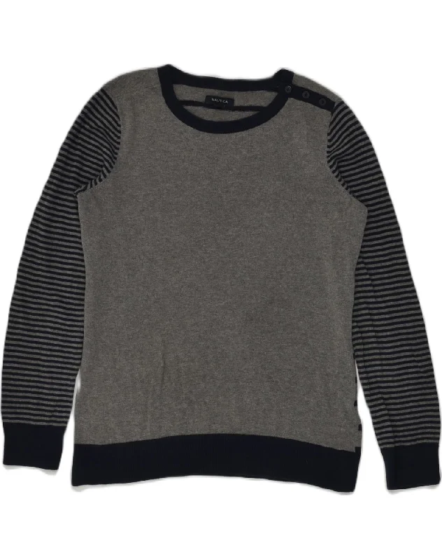 Doorbuster Deal NAUTICA Womens Crew Neck Jumper Sweater UK 14 Large Grey Striped Cotton
