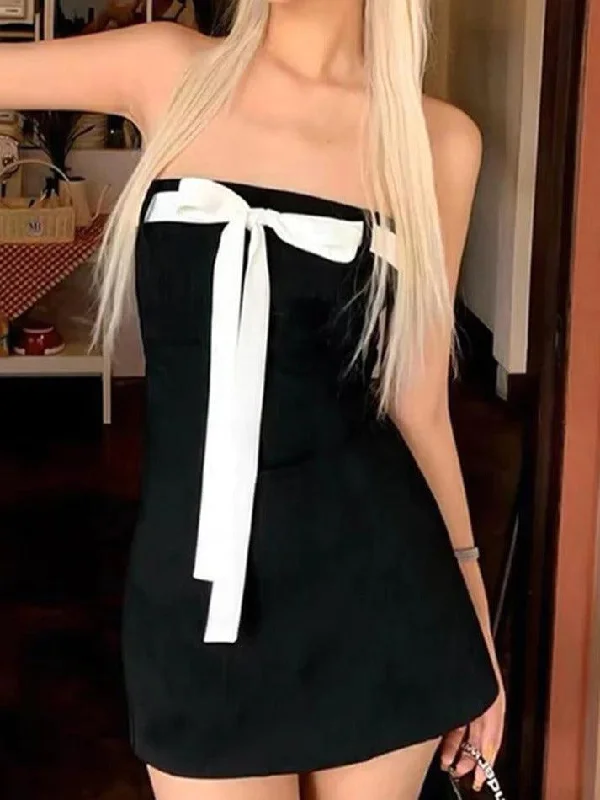 Buy Now Contrast Color Lace Up Strapless Mini Dress