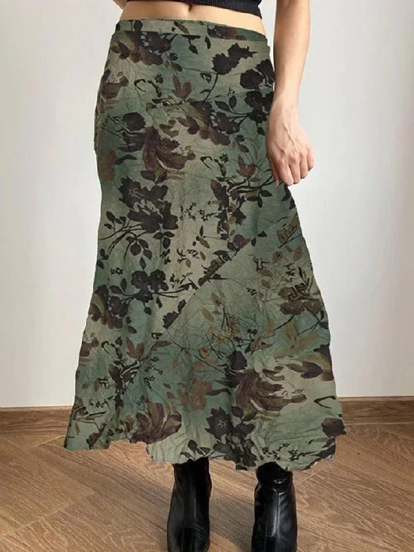 Can't Miss Vintage Flower Print Irregular Splice Midi Skirt