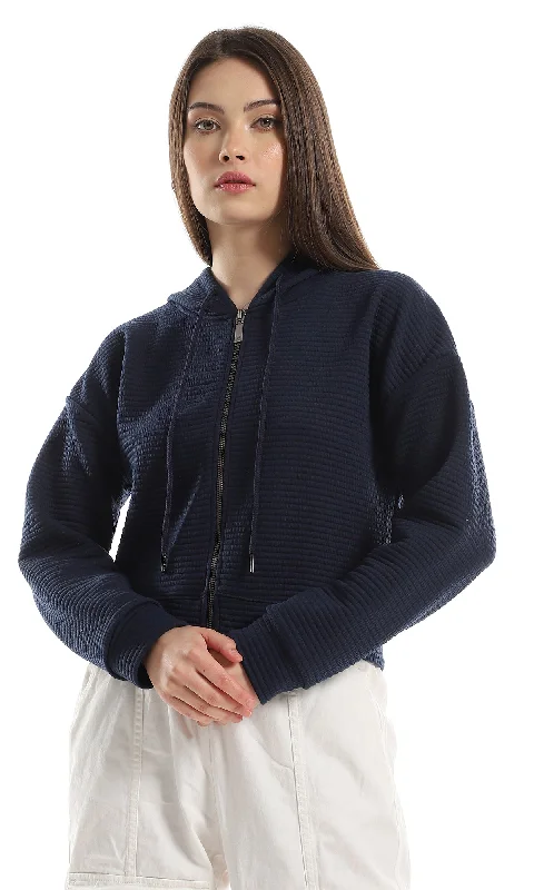 Closeout O162743 Zipper Ribbed Polyester Hooded Sweatshirt - Navy Blue