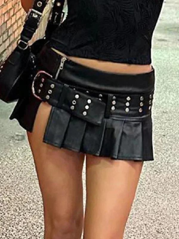 Year-End Sale Punk Rivet Belted Pleated Slit Leather Mini Skirt