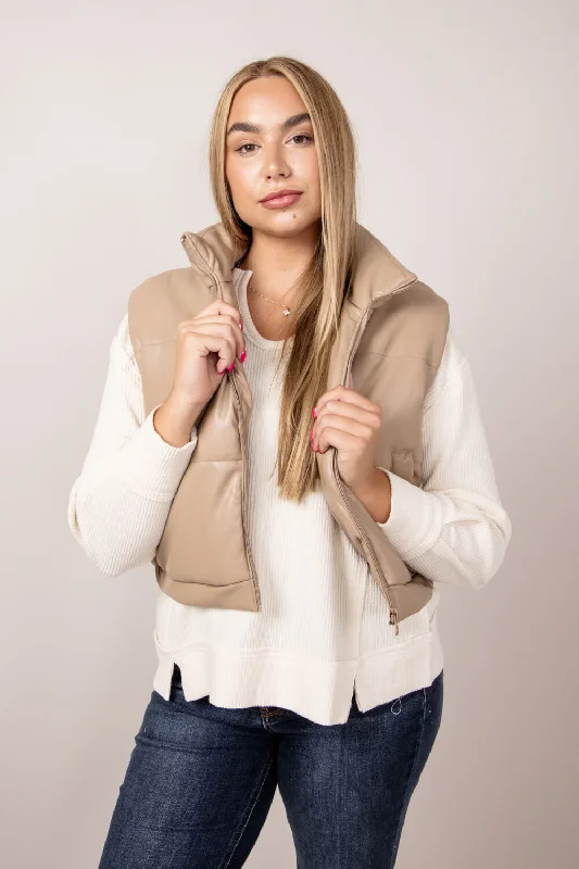 Cropped Faux Leather Puffer Vest for Women in Taupe | 53977-TAUPE