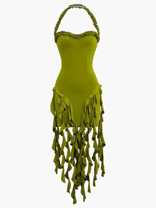 Low Prices Ruffle Tassel Halter Bustier Mini Dress