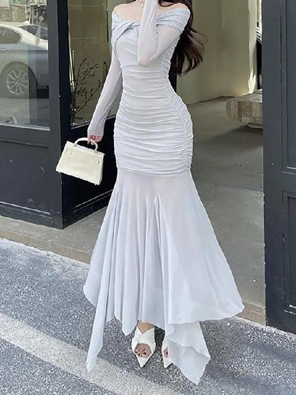 Act Fast Off-Shoulder Sheer Mesh Maxi Dress