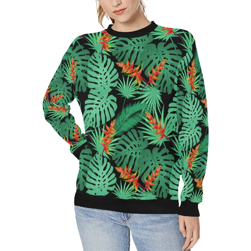 Price Rollback heliconia flower palm monstera leaves black backgr Women's Crew Neck Sweatshirt
