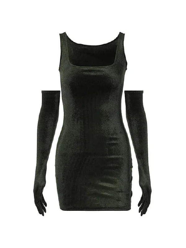Massive Deals Solid Square Neck Velvet Mini Dress