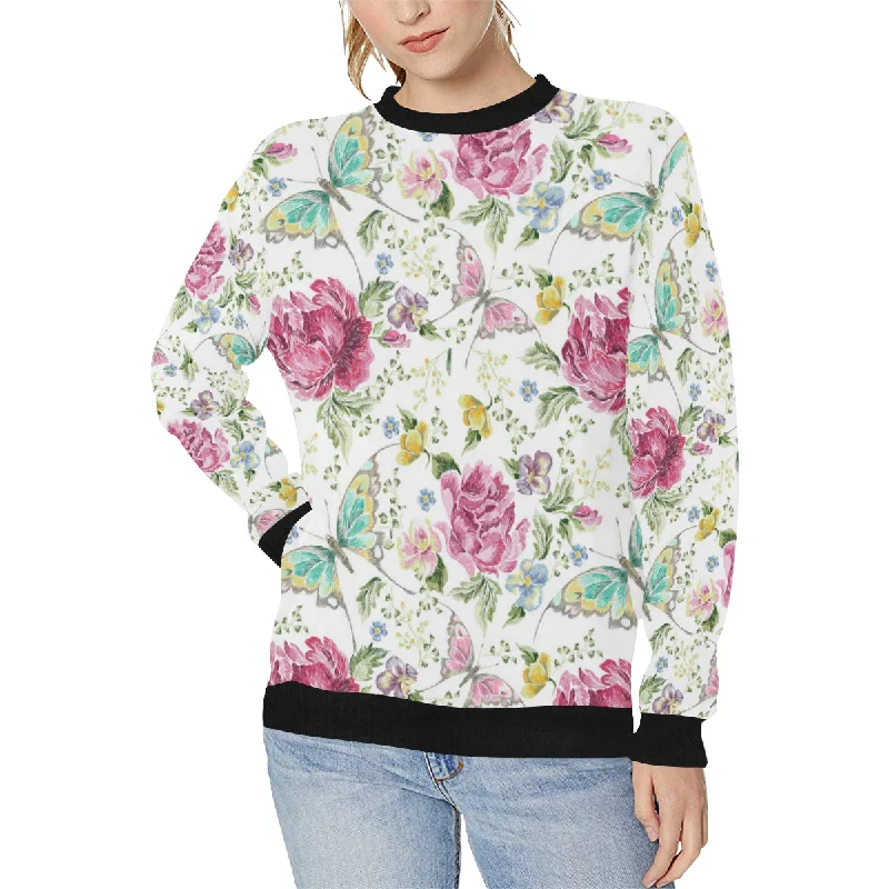 Bargain Prices Hand drawn butterfly rose Women's Crew Neck Sweatshirt