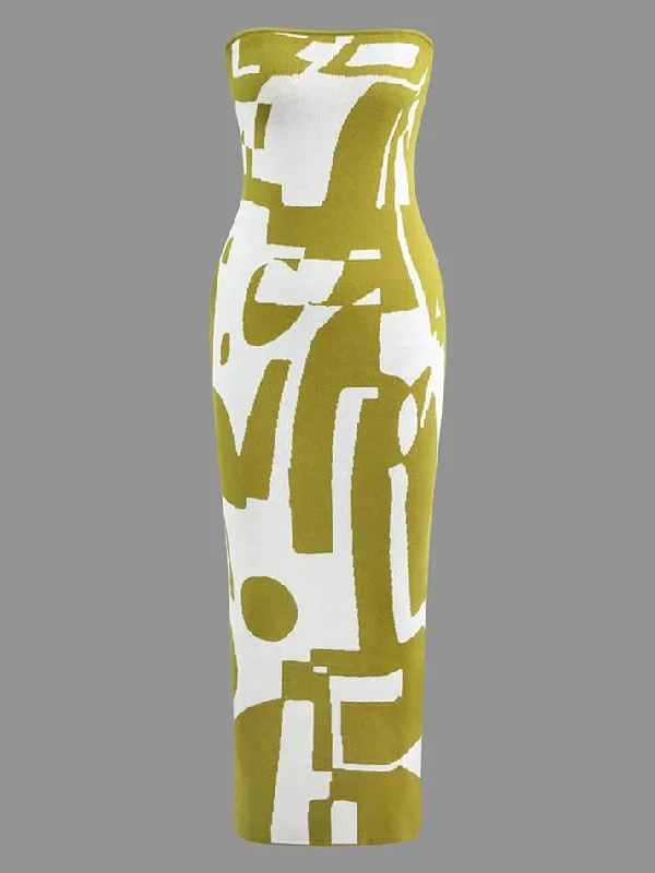 Special Offer Geometric Pattern Strapless Knit Maxi Dress